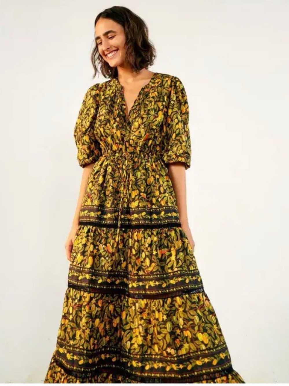 FARM Rio Yellow Printed Tiered Maxi Dress with Drawstring Waist